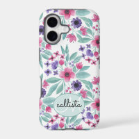 Girly Pink Purple Teal Watercolor Floral Monogram