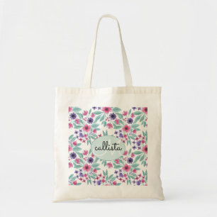 Girly Pink Purple Teal Watercolor Floral Monogram Tote Bag