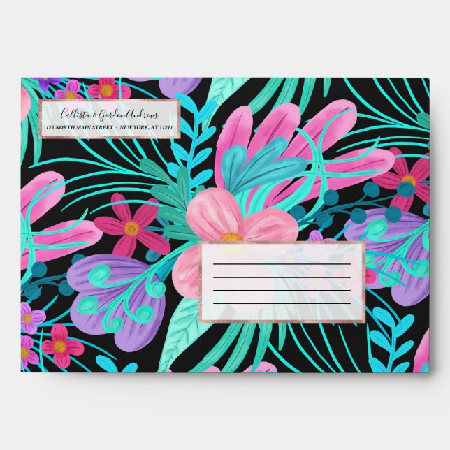 Girly Pink Purple Teal Watercolor Flowers Leaves Envelope (Front)