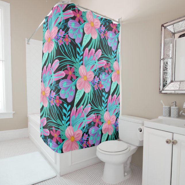 Girly Pink Purple Teal Watercolor Flowers Leaves Shower Curtain (In Situ)