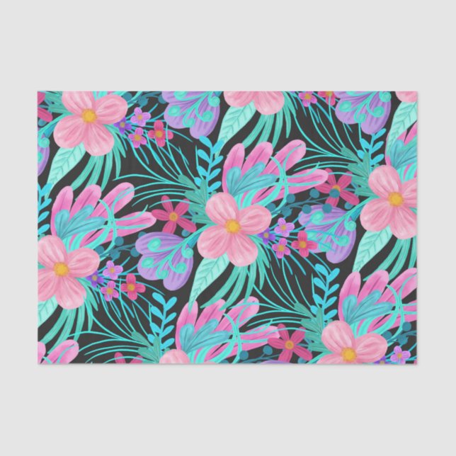 Girly Pink Purple Teal Watercolor Flowers Leaves Tissue Paper (Front)