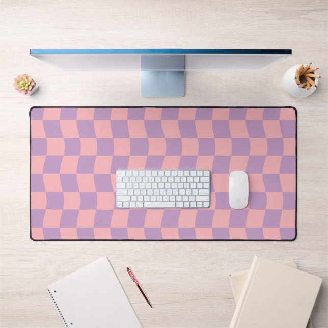 Girly Pink Purple Wavy Chequerboard Aesthetic Desk Mat (Office 1)