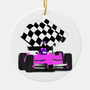 Girly Pink Race Car with Chequered Flag Ceramic Tree Decoration