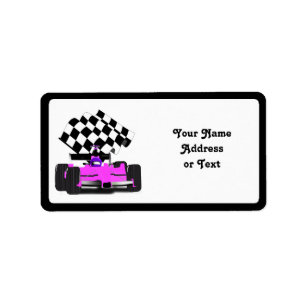 Girly Pink Race Car with Chequered Flag Label