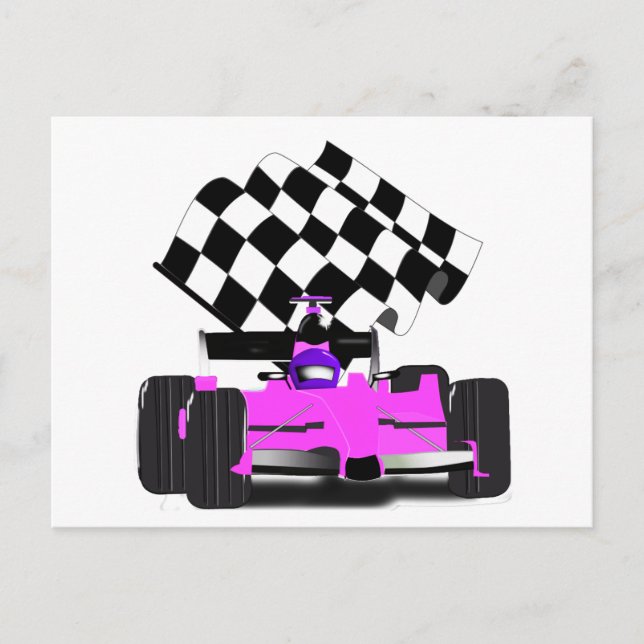 Girly Pink Race Car with Chequered Flag Postcard (Front)