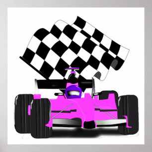 Girly Pink Race Car with Chequered Flag Poster