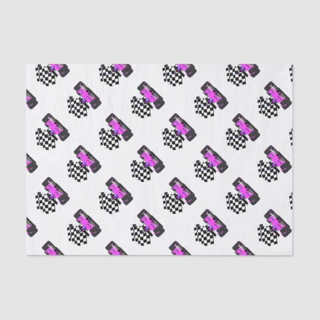 Girly Pink Race Car with Chequered Flag Tissue Paper (Front)