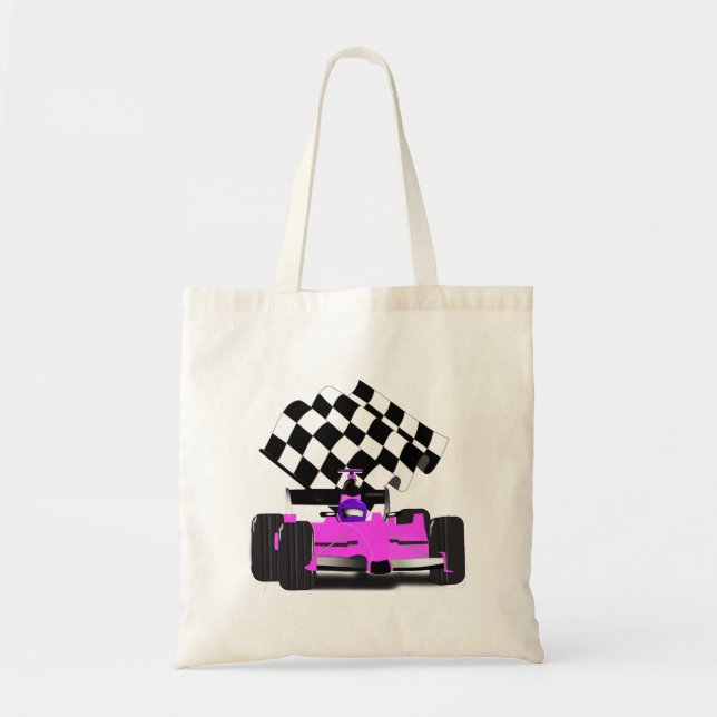 Girly Pink Race Car with Chequered Flag Tote Bag (Front)