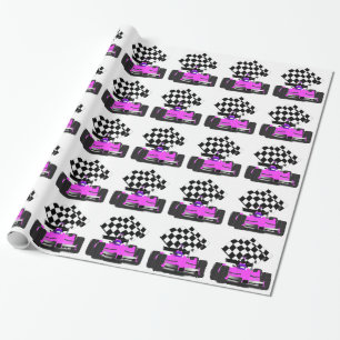 Girly Pink Race Car with Chequered Flag Wrapping Paper