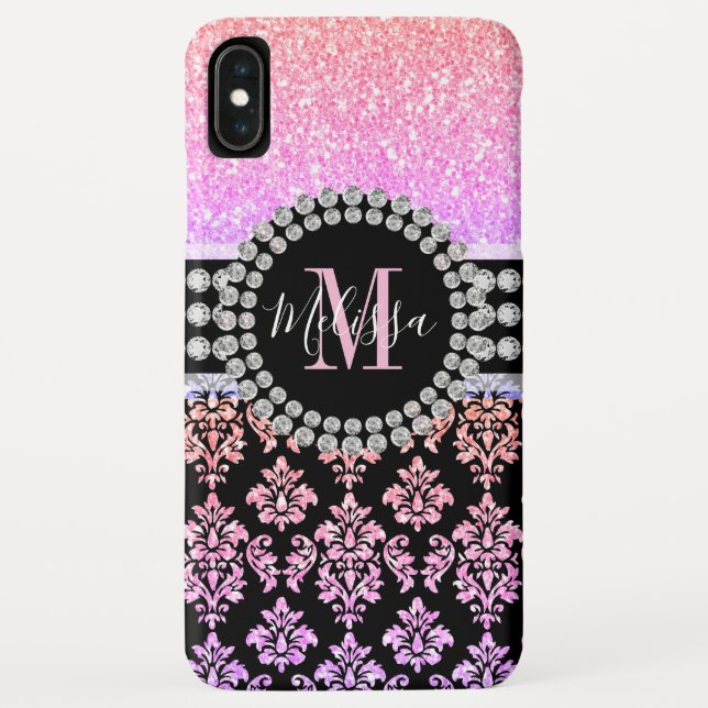 Girly Pink Rainbow Glitter Sparkle Monogram Name Case-Mate iPhone Case (Back)