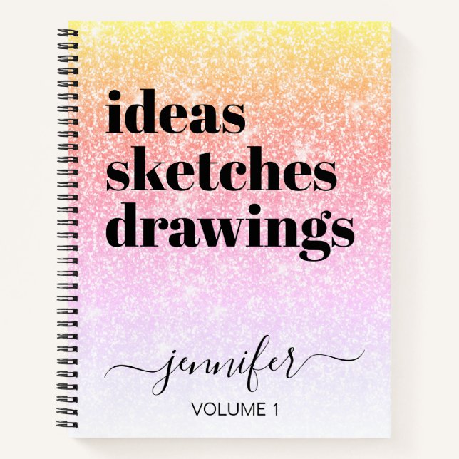 Girly Pink Rainbow Glitter Your Name Sketchbook Notebook (Front)