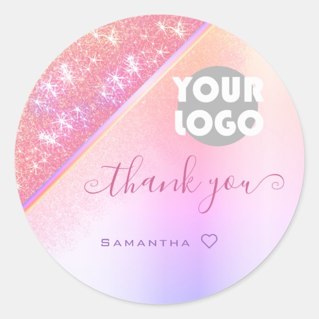 Girly Pink Rainbow Ombre Glitter Rain Thank You Classic Round Sticker (Front)