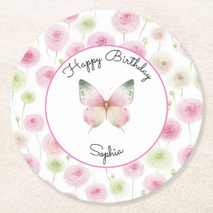 Girly Pink Ranunculus Flowers Birthday Round Paper Coaster