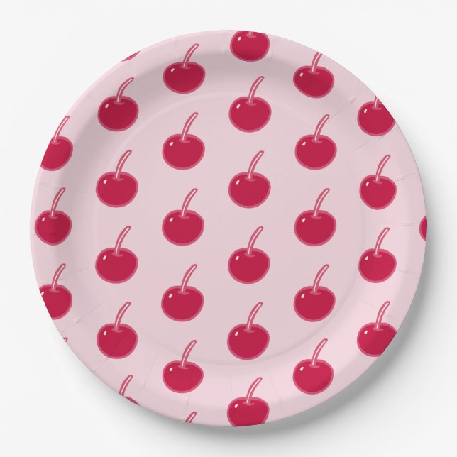 Girly Pink Red Cherries Birthday Paper Plate (Front)