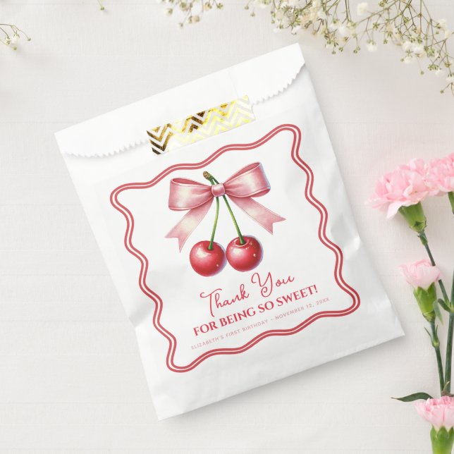 Girly Pink Red Coquette Cherry First 1st Birthday  Favour Bags (Sealed)