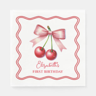 Girly Pink Red Coquette Cherry First 1st Birthday  Napkin