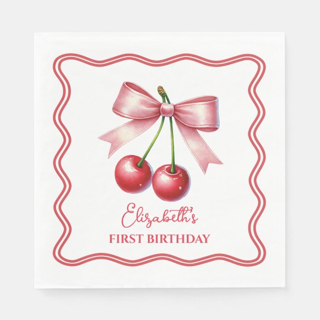 Girly Pink Red Coquette Cherry First 1st Birthday  Napkin (Front)
