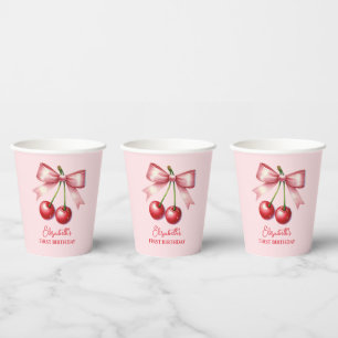 Girly Pink Red Coquette Cherry First 1st Birthday Paper Cups