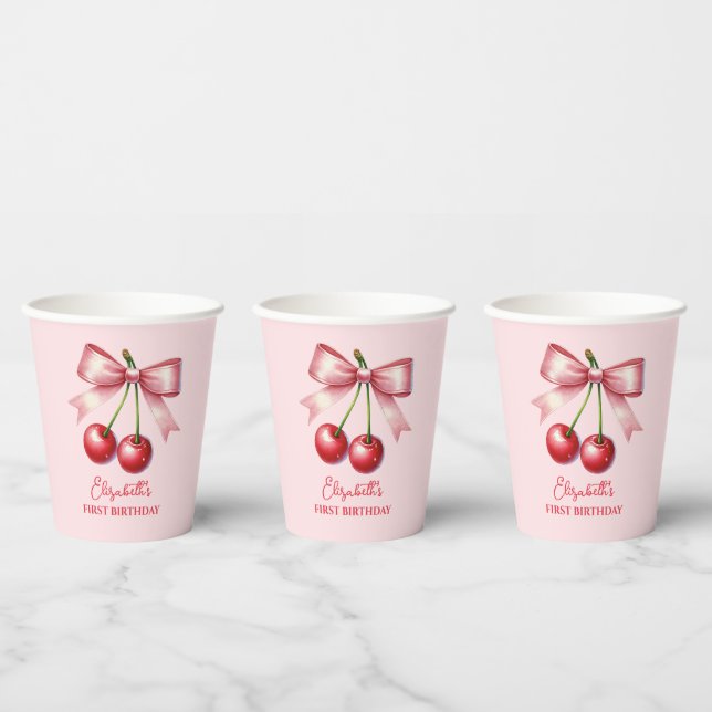 Girly Pink Red Coquette Cherry First 1st Birthday  Paper Cups (Multi)