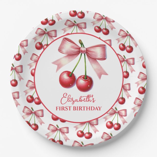 Girly Pink Red Coquette Cherry First 1st Birthday  Paper Plate (Front)