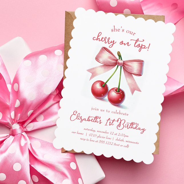 Girly Pink Red Coquette Cherry First Birthday  Invitation (Girly Pink Red Coquette Cherry First 1st Birthday Invitation)