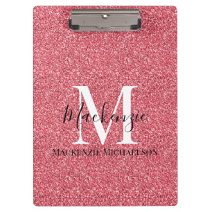 Girly Pink Red Glitter Monogram Name Clipboard