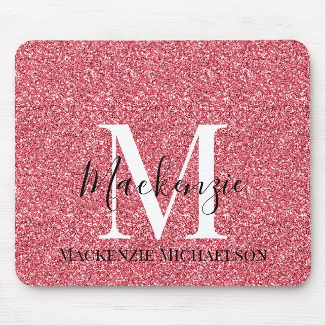 Girly Pink Red Glitter Monogram Name   Mouse Mat (Front)