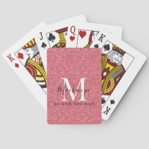Girly Pink Red Glitter Monogram Name Playing Cards