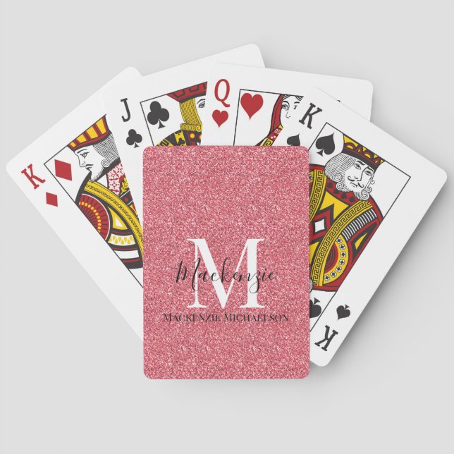 Girly Pink Red Glitter Monogram Name Playing Cards (Back)
