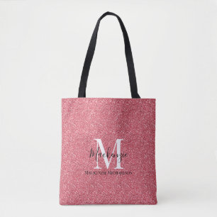 Girly Pink Red Glitter Monogram Name  Tote Bag