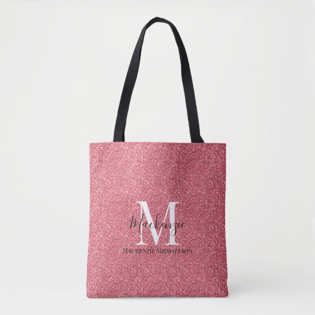 Girly Pink Red Glitter Monogram Name  Tote Bag (Front)