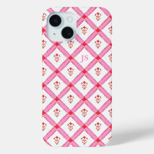 Girly Pink & Red Pattern With Initials iPhone 15 Case