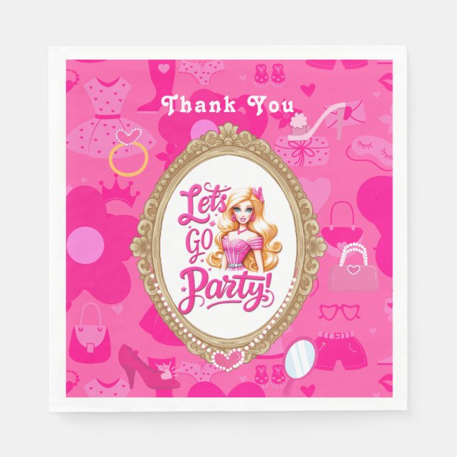 Girly Pink Retro Doll Let's Go Party Birthday Napkin (Front)