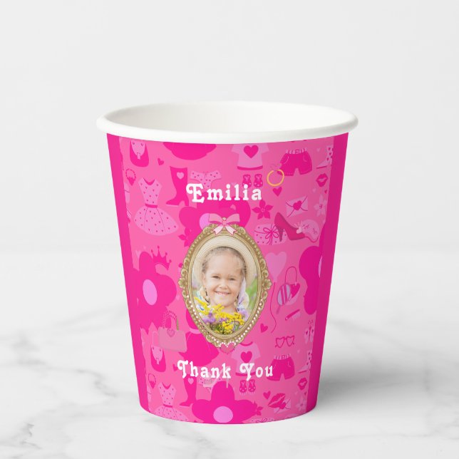 Girly Pink Retro Doll Let's Go Party Birthday Paper Cups (Front)