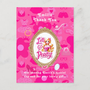 Girly Pink Retro Doll Let's Go Party Birthday Postcard