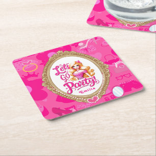 Girly Pink Retro Doll Let's Go Party Birthday Square Paper Coaster