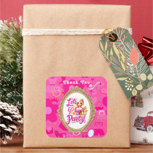 Girly Pink Retro Doll Let's Go Party Birthday Square Sticker