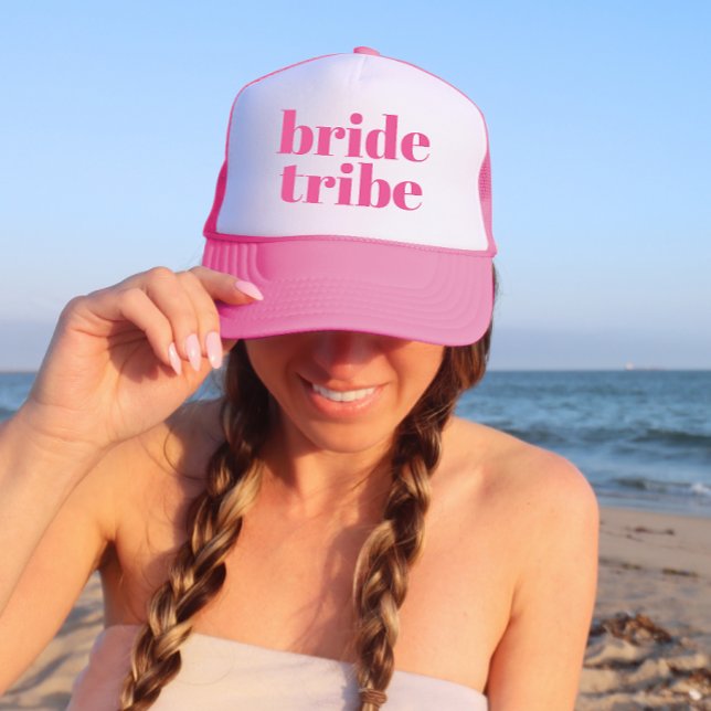 Girly Pink Retro Modern Bride Tribe Bachelorette Trucker Hat (Creator Uploaded)