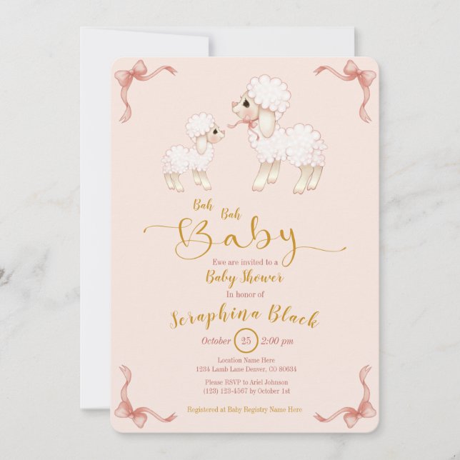 Girly Pink Ribbon Lamb Baby Shower Invitation (Front)