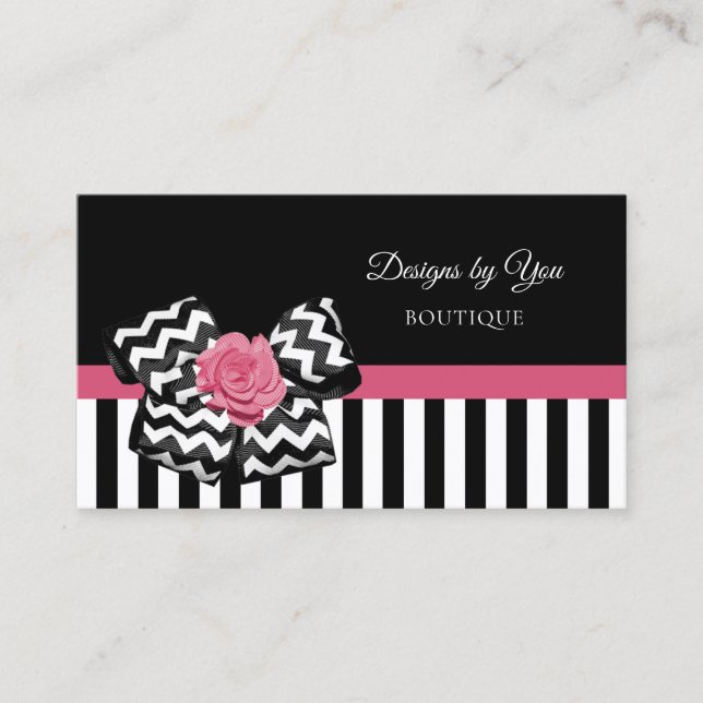 Girly Pink Rose Cute Chevron Bow Boutique Business Card (Front)