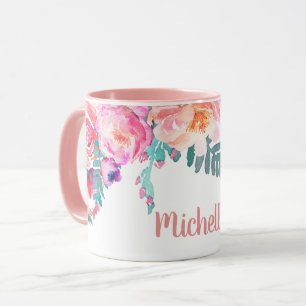 Girly Pink Rose Flowers Elegant Personalised Name  Mug