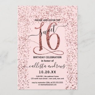 Girly Pink Rose Gold Confetti Border Sweet 16 Invitation