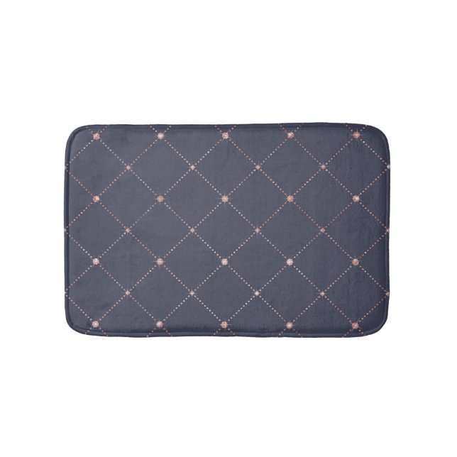 Girly Pink Rose Gold Diamond Navy Blue Geometric Bath Mat (Front)