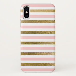Girly Pink Rose Gold Foil and White Stripe Pattern iPhone X Case