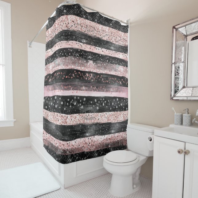 Girly Pink Rose Gold Glitter and Modern Black  Shower Curtain (In Situ)