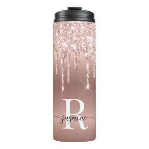 Girly Pink Rose Gold Glitter Drips Ombre Monogram Thermal Tumbler
