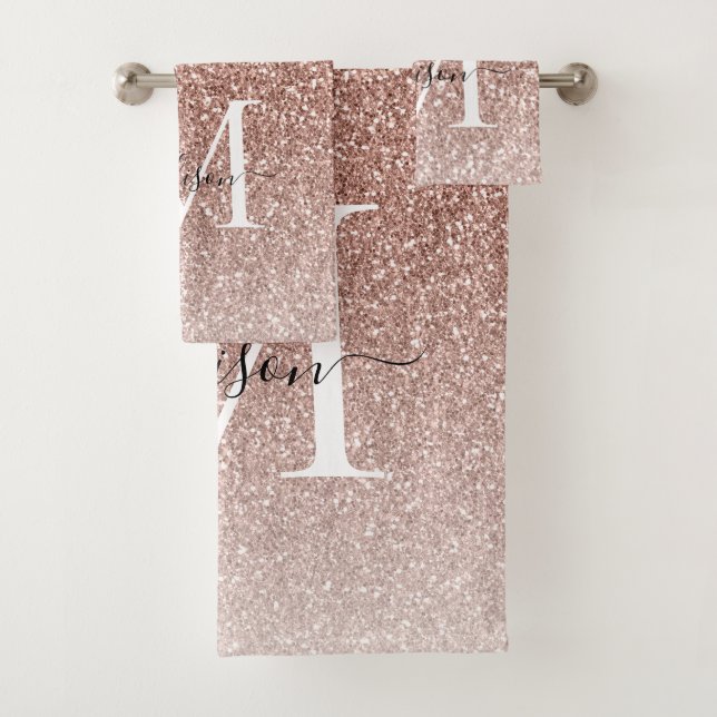 Girly Pink Rose Gold Glitter Glam Monogram Script Bath Towel Set (Insitu)