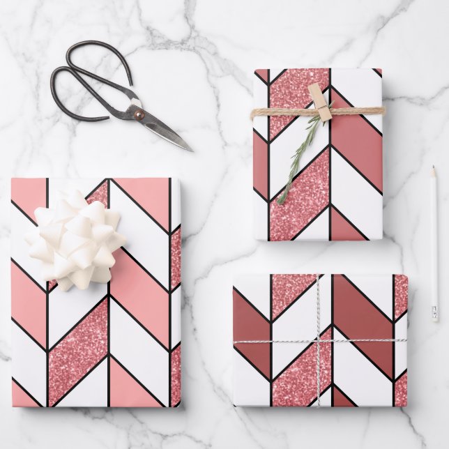 Girly Pink Rose Gold Glitter Herringbone Chevron Wrapping Paper Sheet (Front)