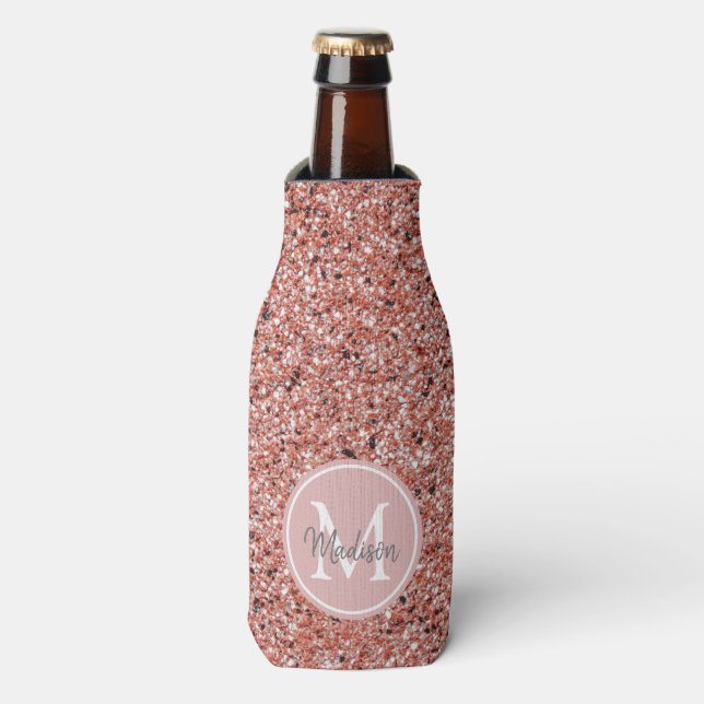 Girly Pink Rose Gold Glitter Monogram Personalised Bottle Cooler (Bottle Front)