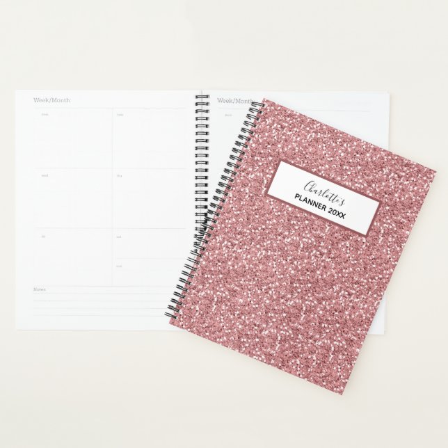 Girly Pink Rose Gold Glitter Personalised Name Planner (Display)